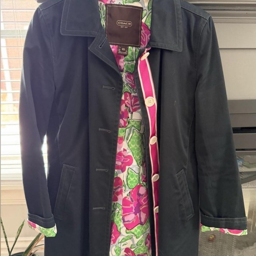 Coach Est. 1941 Black Trench Coat Floral Poppy Print Lining XS